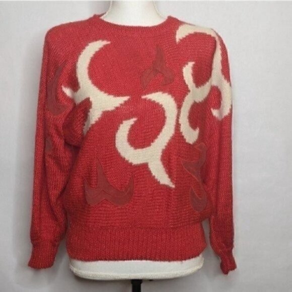 Vintage 80s 90s Ginenne Pullover Sweater Medium Angora Red Suede Crewneck - Picture 2 of 7